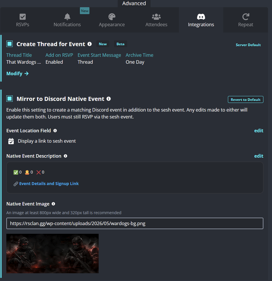 Sesh Discord native event and thread integration settings