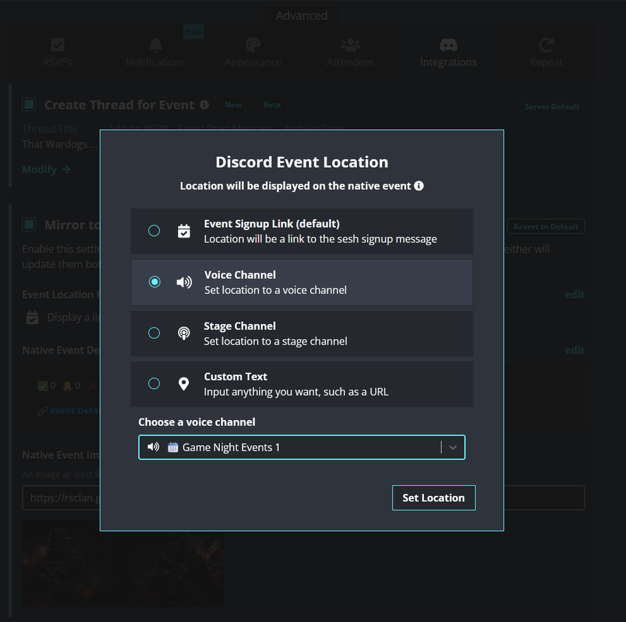 Sesh Discord native event voice channel location settings