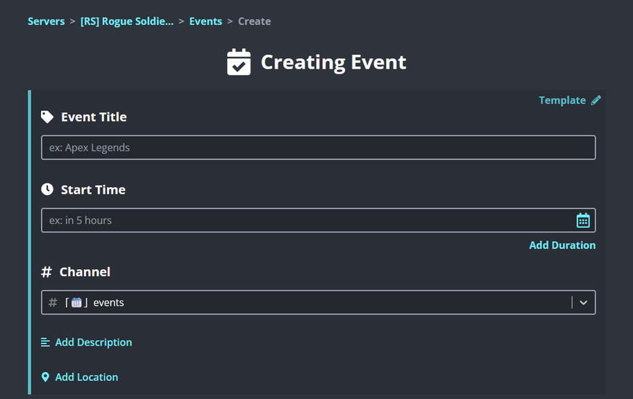 Sesh event creation screen showing the template selector