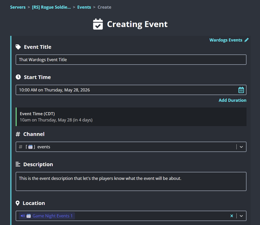 Sesh event description and location fields