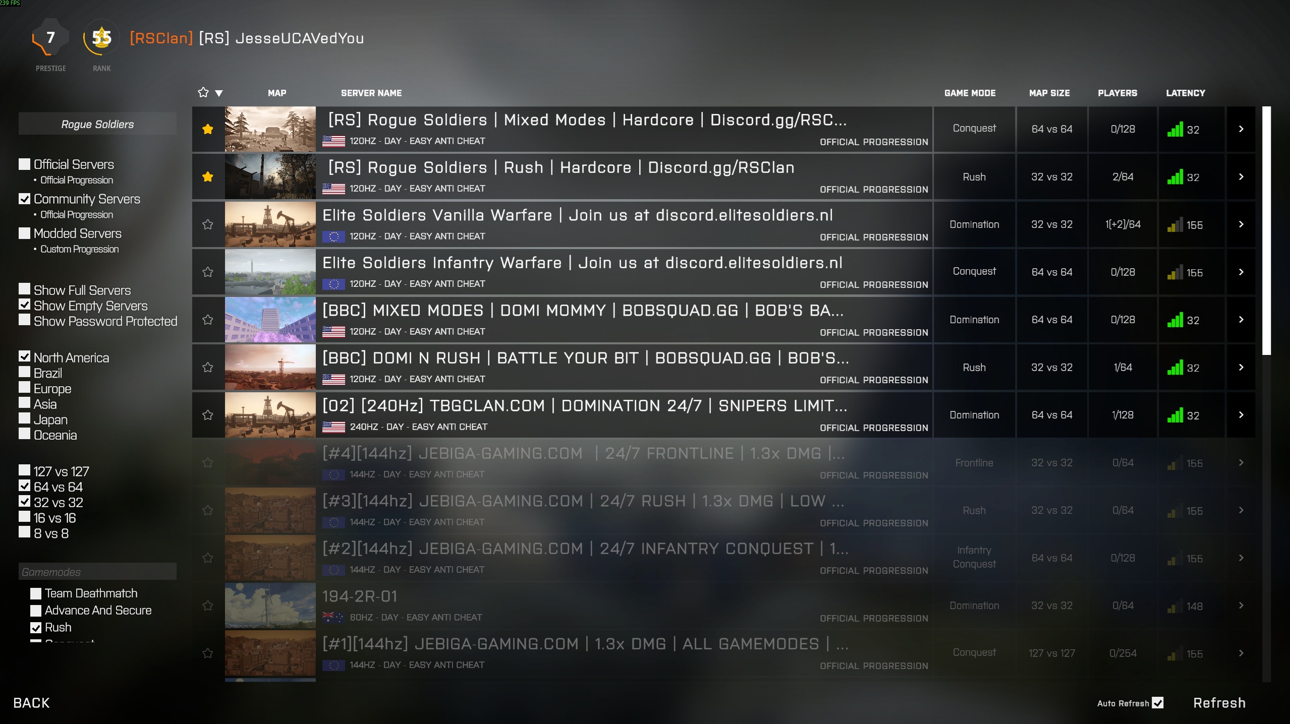BattleBit Server Browser search bar with Rogue Soldiers typed in